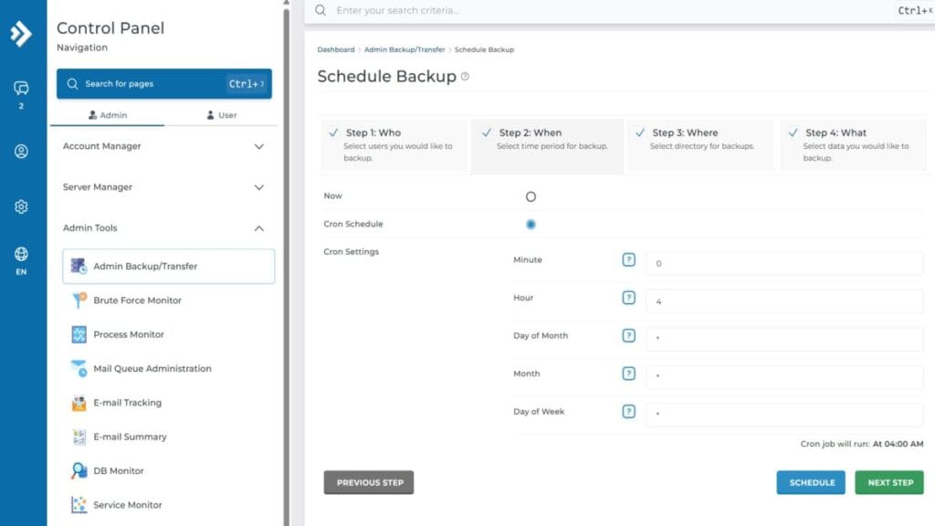 directadmin cron schedule fields DirectAdmin Admin Backup schedule screen showing cron fields