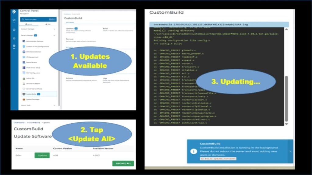 DirectAdmin CustomBuild update screen used to update services on AlmaLinux 10