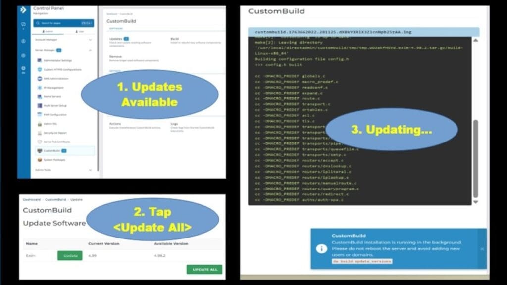 directadmin custombuild update stages overview