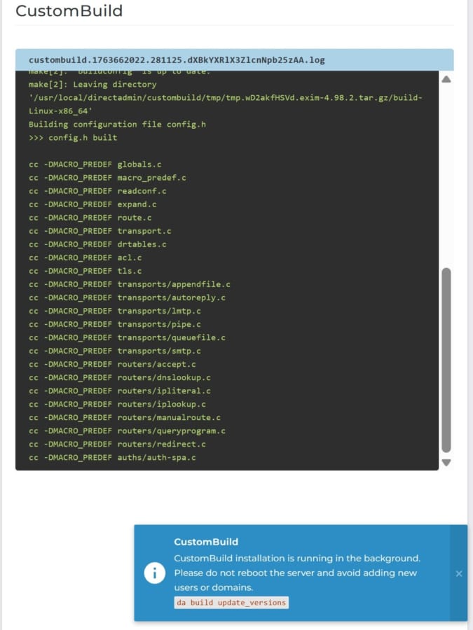directadmin custombuild update terminal session