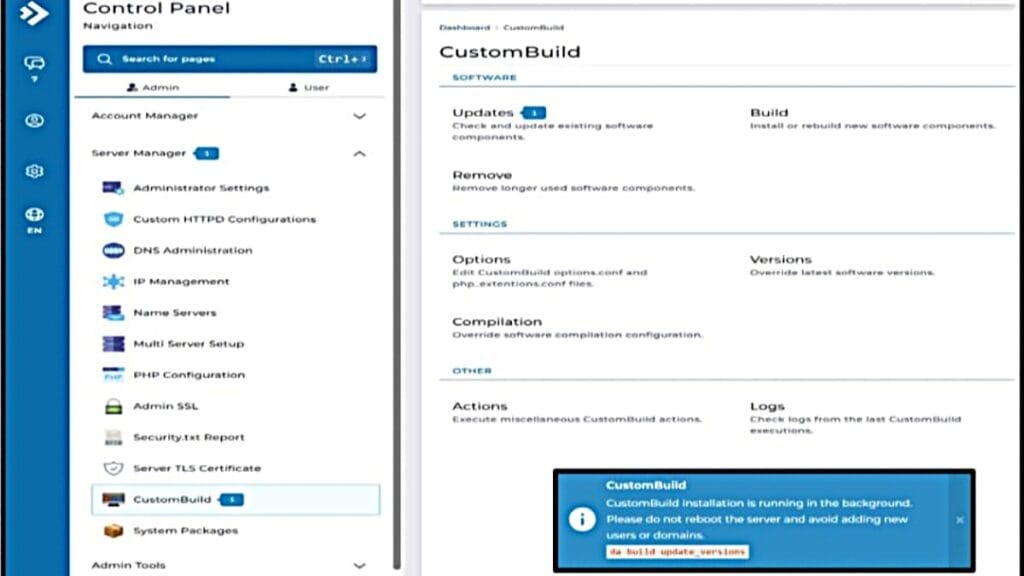 directadmin custombuild updates processing screen