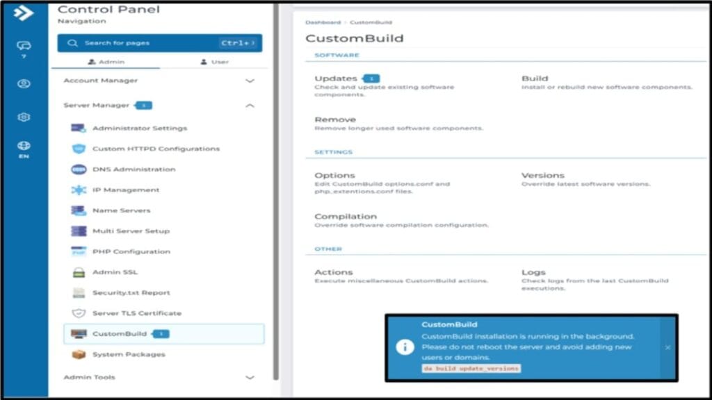 DirectAdmin control panel dashboard on AlmaLinux 10 after successful install