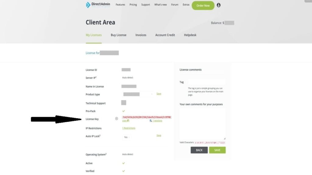DirectAdmin license key check output on AlmaLinux 10 server