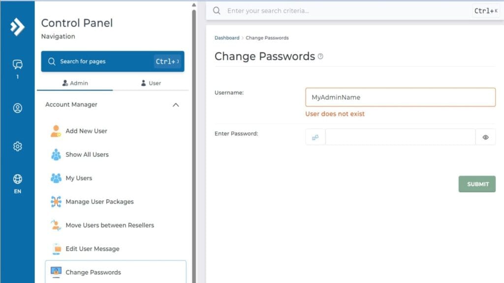 DirectAdmin change password screen showing user name and new password fields in control panel