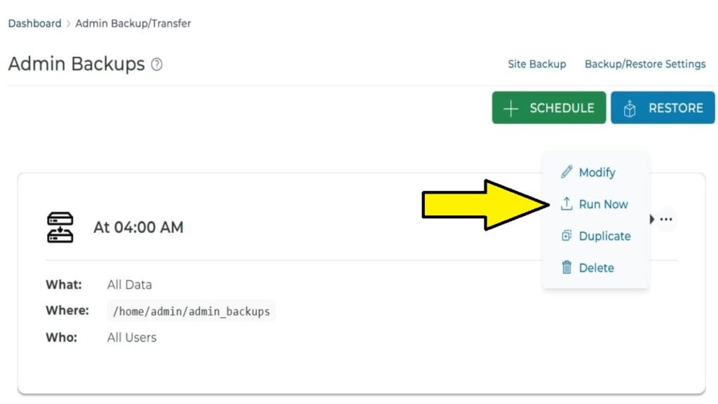 DirectAdmin run now action schedule list of DA admin backup with other options available shown also