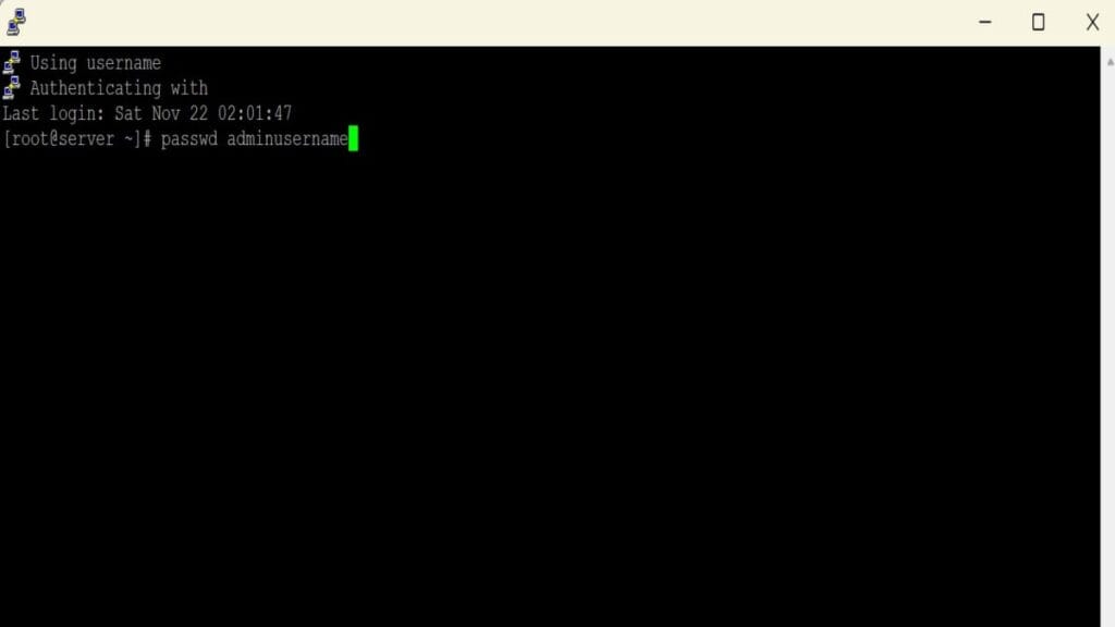 SSH terminal showing command to reset DirectAdmin admin password