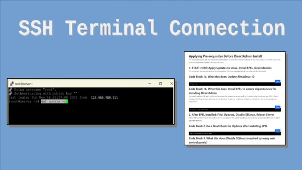 SSH terminal connected as root to AlmaLinux 10 server before installing DirectAdmin