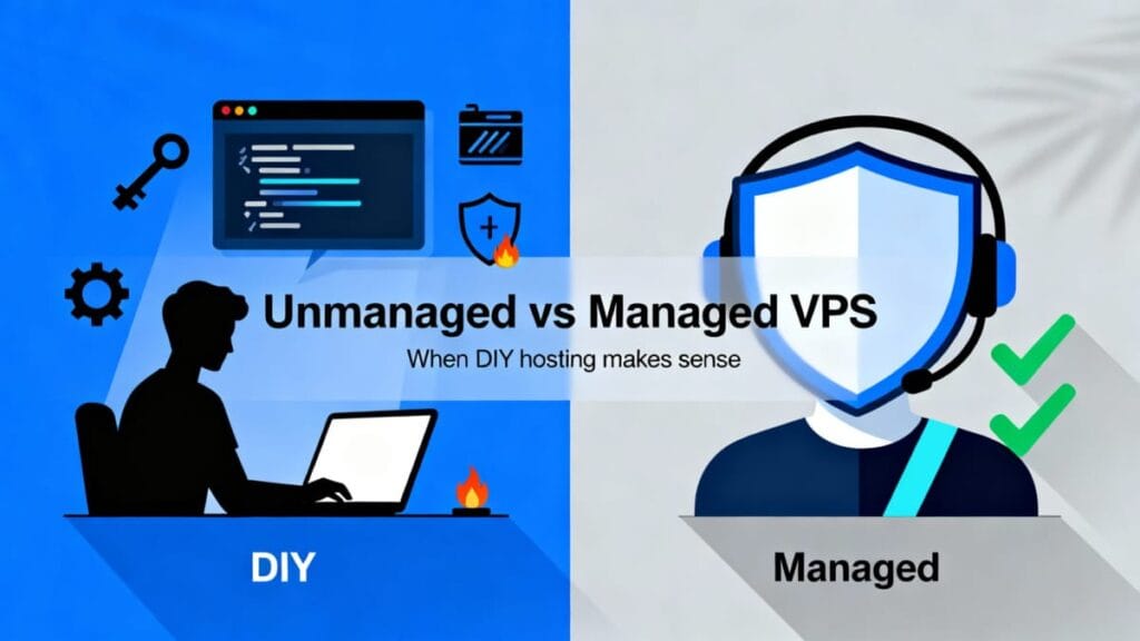 Developer-managed VPS tools vs managed-support icons for the article 'Managed vs Unmanaged VPS'