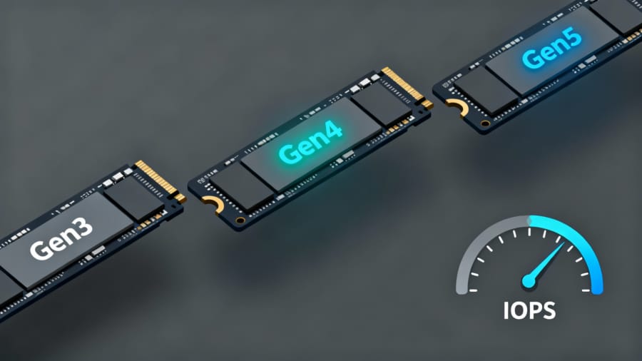 nvme-gen345-iops NVMe drives labeled Gen3, Gen4, Gen5 with emphasis on Gen4/Gen5 and an IOPS performance gauge.