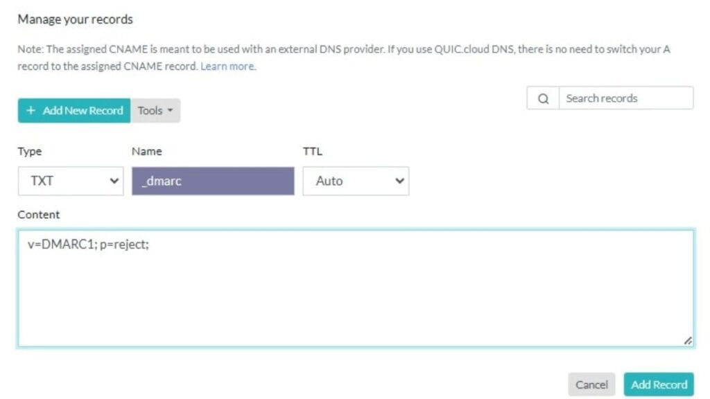 populate values and tap add record to add a dmarc record to dns populate values and tap add record to add a dmarc record to dns