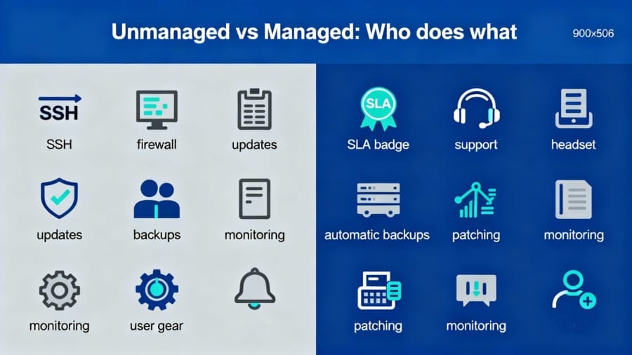 unmanaged-vs-managed-responsibilities Chart showing responsibilities: managed vs unmanaged VPS (support, backups, patching).