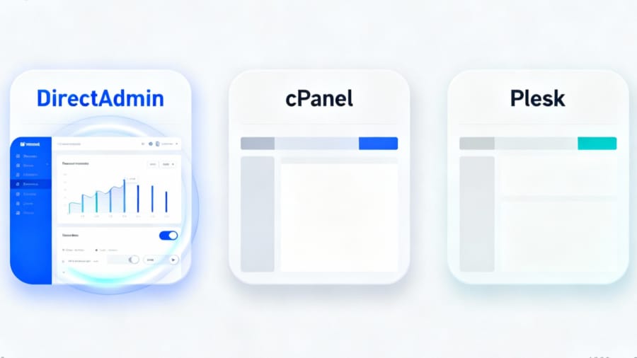 vps-control-panels-compare Comparison mockups for control panels: DirectAdmin (lightweight), cPanel (feature-rich), and Plesk (WordPress Toolkit)