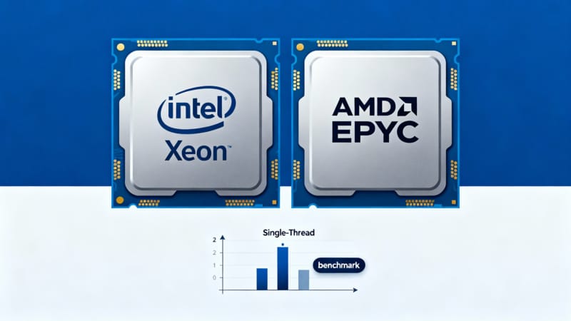 vps-cpu-benchmarks Stylized CPUs (Intel Xeon, AMD EPYC) with a simple benchmark bar chart illustrating single-thread performance.