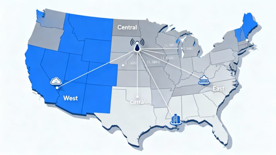 vps-latency-us-map US map showing East, Central, West data center regions and network latency indications