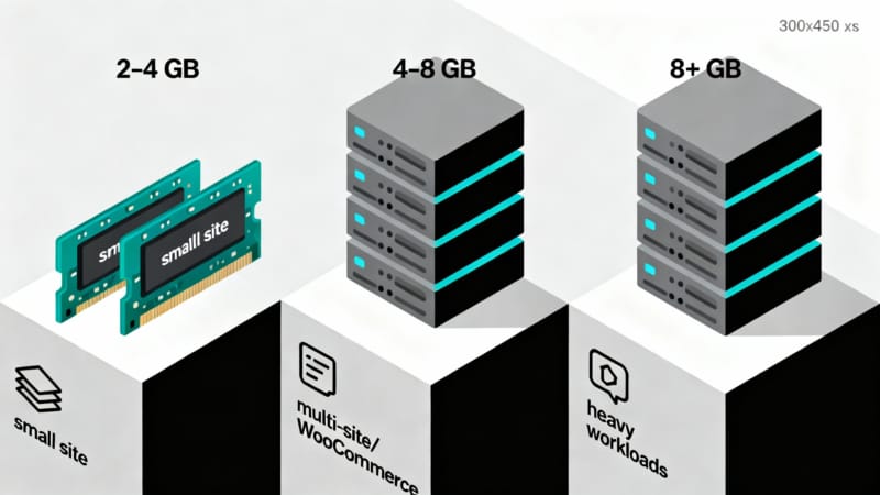 vps-ram-requirements Graphic showing RAM tiers: 2–4 GB for small sites, 4–8 GB for multi-site or WooCommerce, and higher for heavy workloads.